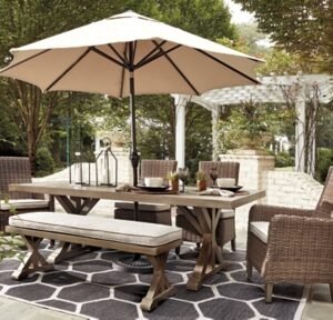 Beachcroft Outdoor Dining Table with Umbrella Option, Beige
