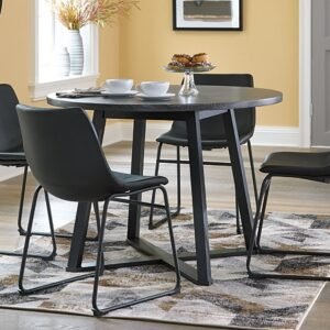 Centiar Round Dining Table with X-Shaped Metal Base, Gray/Black, Melamine/Metal/Wood