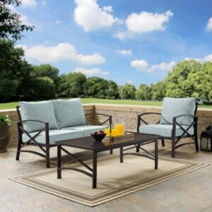 Crosley Furniture Kaplan Outdoor Loveseat and Lounge Chair with Coffee Table, Mist