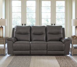 Dearview Dual Power Leather Reclining Sofa Leather, Fog