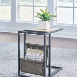 Freslowe Chairside C-Shaped End Table Leather, Light Brown/Black