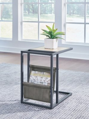 Freslowe Chairside C-Shaped End Table Leather, Light Brown/Black