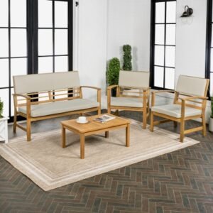 JONATHAN Y Barclay Outdoor Sofa and 2 Chairs with Coffee Table, Tan