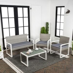 JONATHAN Y Elina Outdoor Sofa and 2 Chairs with Coffee Table, Gray