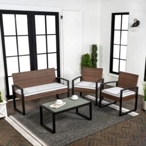 JONATHAN Y Elina Outdoor Sofa and 2 Chairs with Coffee Table, White