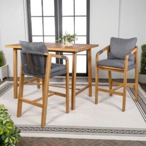 JONATHAN Y Porto Outdoor Bar Table and 2 Bar Stools, Teak Brown