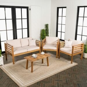 JONATHAN Y Thom Outdoor Sofa and 2 Chairs with Coffee Table, Tan