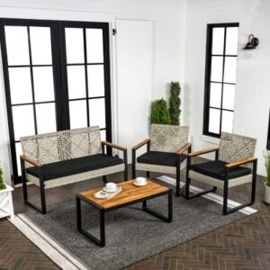 JONATHAN Y Wilder Outdoor Sofa and 2 Chairs with Coffee Table, Brown