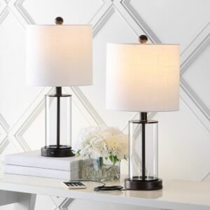 Jonathan Y Abner Glass Modern Contemporary USB Charging LED Table Lamp (Set of 2), White/Chrome