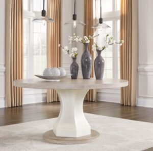 Jorlaina Round Dining Table, Light Grayish Brown, Wood