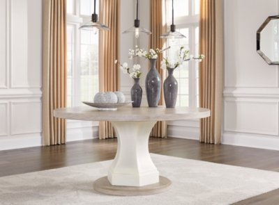 Jorlaina Round Dining Table, Light Grayish Brown, Wood