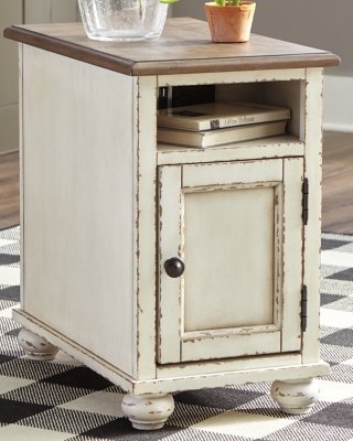 Realyn Chairside End Table with USB Charging, White/Brown