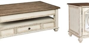 Realyn Coffee Table with 1 End Table, White/Brown