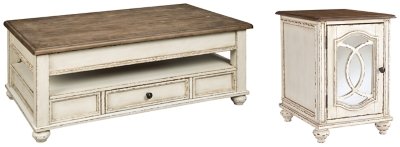 Realyn Coffee Table with 1 End Table, White/Brown