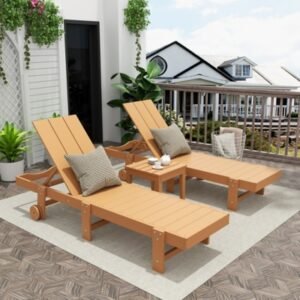Shoreside Reclining Chaise Lounges With Wheels and Side Table (Set of 3), Teak