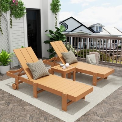 Shoreside Reclining Chaise Lounges With Wheels and Side Table (Set of 3), Teak