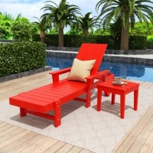 Shoreside Reclining Chaise With Arms and Wheels and Side Table (Set of 2), Red