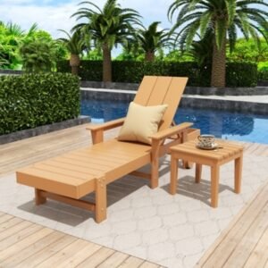 Shoreside Reclining Chaise With Arms and Wheels and Side Table (Set of 2), Teak