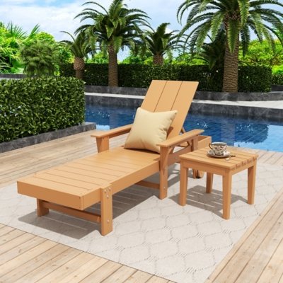 Shoreside Reclining Chaise With Arms and Wheels and Side Table (Set of 2), Teak