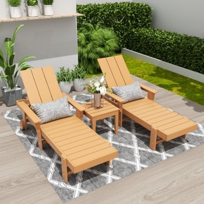 Shoreside Reclining Chaise With Arms and Wheels and Square Side Table (Set of 3), Teak