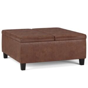 Simpli Home Ellis Coffee Table Storage Ottoman, Distressed Saddle Brown