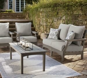 Visola Outdoor Loveseat and 2 Chairs with Coffee Table, Gray