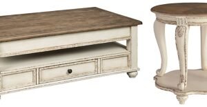 Realyn Coffee Table with 1 End Table, White/Brown