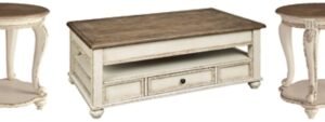 Realyn Coffee Table with 2 End Tables, White/Brown