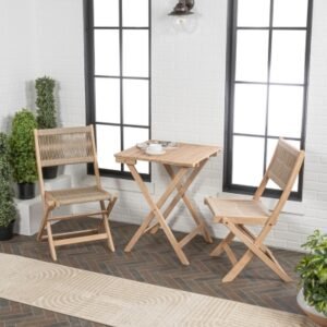 JONATHAN Y Javea Outdoor Folding Bistro Table and 2 Chairs, Light Teak