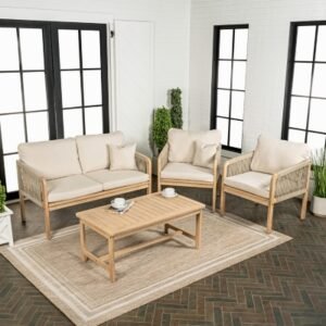 JONATHAN Y Tavira Outdoor Loveseat and 2 Lounge Chairs with Coffee Table, Light Teak/Cream