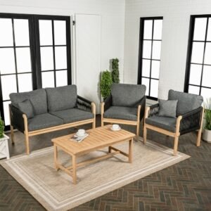 JONATHAN Y Tavira Outdoor Loveseat and 2 Lounge Chairs with Coffee Table, Light Teak/Gray