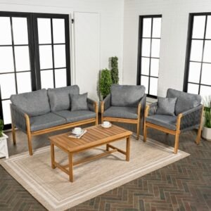 JONATHAN Y Tavira Outdoor Loveseat and 2 Lounge Chairs with Coffee Table, Teak Brown/Gray