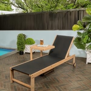 JONATHAN Y Trabuco Outdoor Chaise Lounge with Side Table, Light Teak/Black