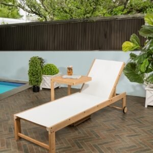 JONATHAN Y Trabuco Outdoor Chaise Lounge with Side Table, Light Teak/White