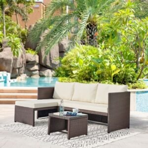 Manhattan Comfort Menton Outdoor Chair Lounge with 2 Seater and Coffee Table (Set of 2), Brown/Cream