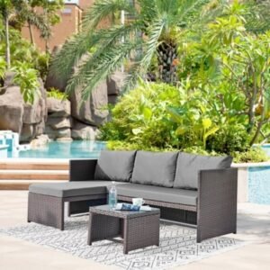 Manhattan Comfort Menton Outdoor Chair Lounge with 2 Seater and Coffee Table (Set of 2), Brown/Gray