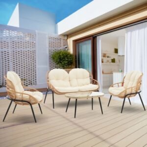Manhattan Comfort Pine Outdoor Loveseat And 2 Armchairs With Coffee Table, Cream