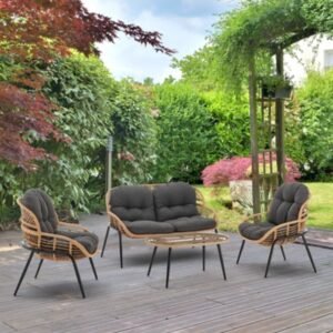 Manhattan Comfort Pine Outdoor Loveseat And 2 Armchairs With Coffee Table, Gray