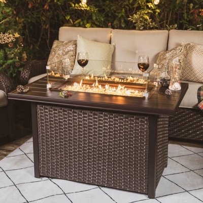 Nuu Garden Outdoor Fire Pit Table with Glass Wind Guard, Brown