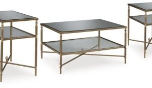 Cloverty Coffee Table with 2 End Tables, Aged Gold Finish