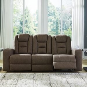 Mayhem Madness Manual Reclining Sofa with Drop Down Table, Cocoa