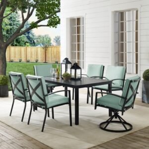 Crosley Furniture Kaplan Outdoor Dining Table and 2 Swivel Chairs and 4 Dining Chairs, Mist