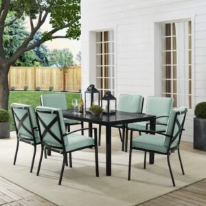 Crosley Furniture Kaplan Outdoor Dining Table and 6 Dining Chairs, Mist