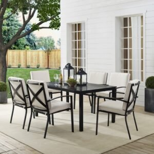 Crosley Furniture Kaplan Outdoor Dining Table and 6 Dining Chairs, Oatmeal