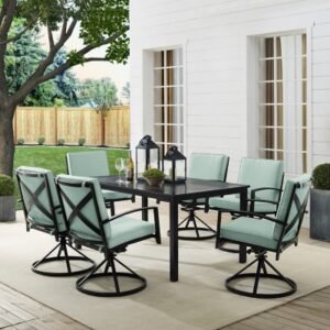 Crosley Furniture Kaplan Outdoor Dining Table and 6 Swivel Chairs, Mist