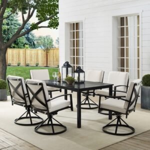 Crosley Furniture Kaplan Outdoor Dining Table and 6 Swivel Chairs, Oatmeal