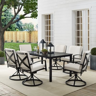 Crosley Furniture Kaplan Outdoor Dining Table and 6 Swivel Chairs, Oatmeal