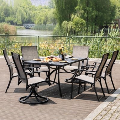 Nuu Garden Outdoor Dining Table with umbrella hole and 6 Chairs, Gray/Black
