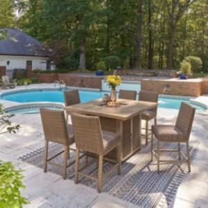 Walton Bridge Outdoor Fire Pit Table and 6 Barstools, Driftwood