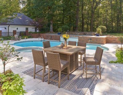 Walton Bridge Outdoor Fire Pit Table and 6 Barstools, Driftwood